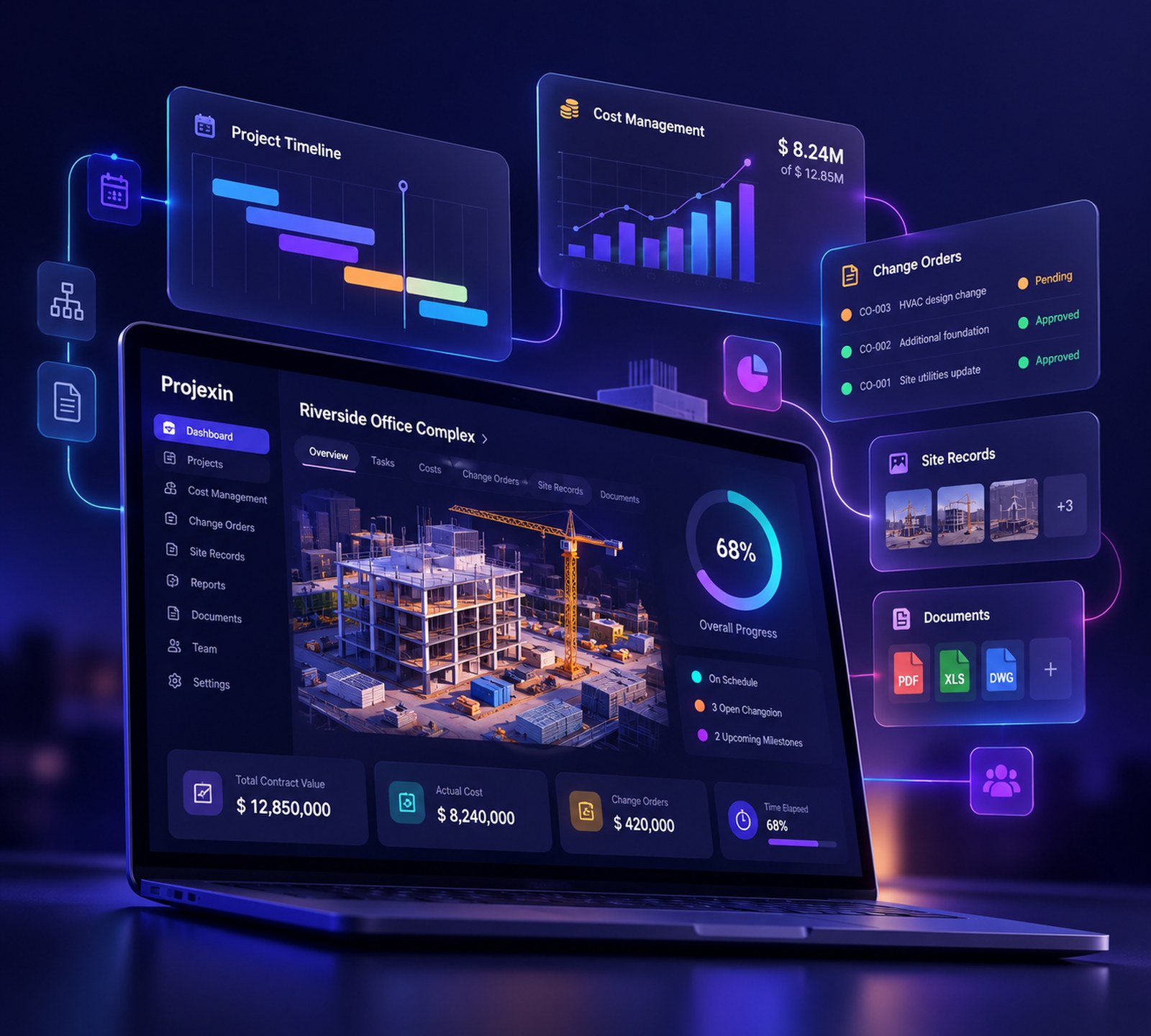 Projexin construction project dashboard with timelines, cost tracking, change orders, and site records