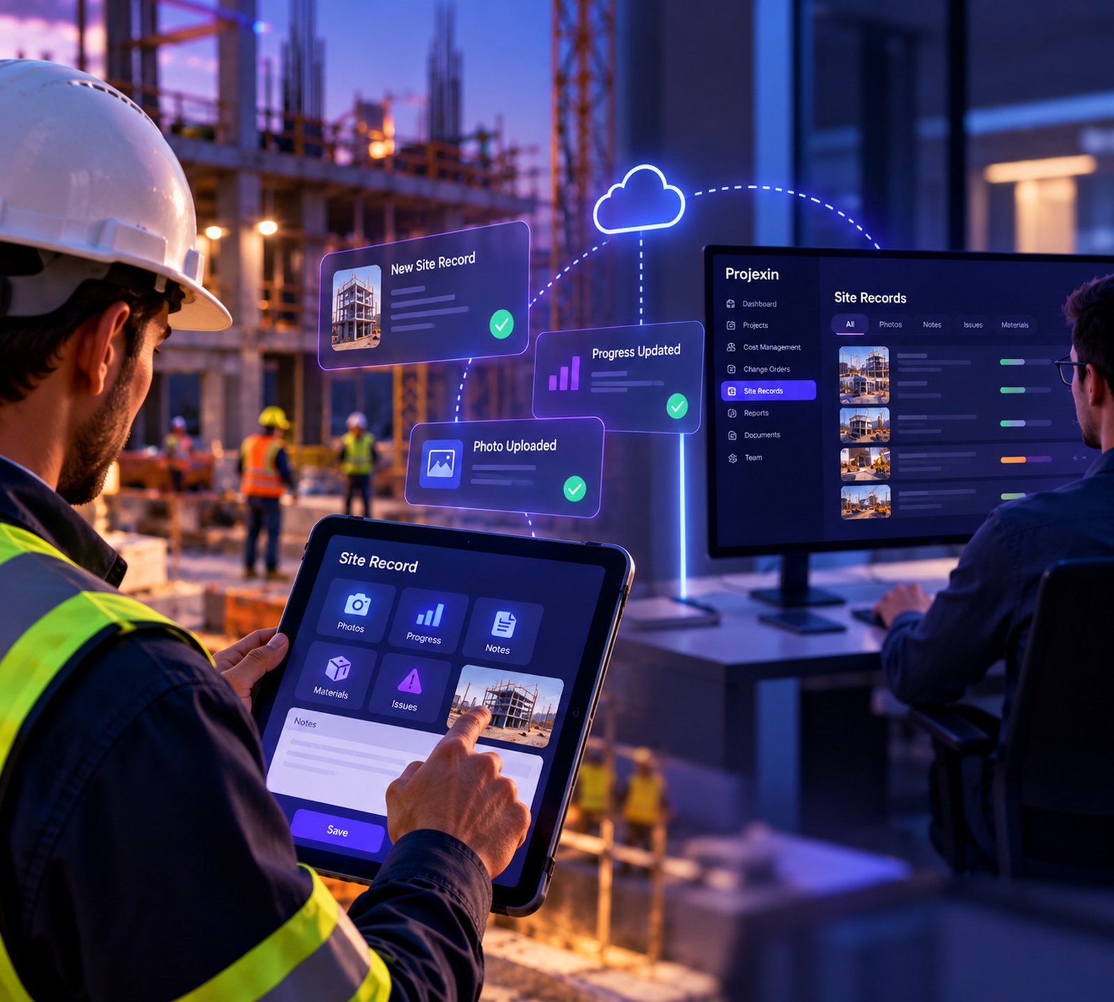 Projexin connects site records captured on a tablet with the office project dashboard